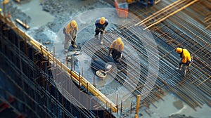 Construction Workers Pouring Concrete on a Rebar Grid