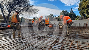Construction Workers Pouring Concrete on Rebar Grid