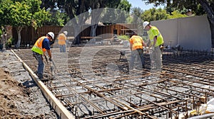Construction Workers Pouring Concrete on a Rebar Grid