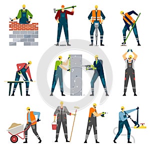Construction workers with professional tools, house builders at work. Carpenter, wall painter, maintenance or home repair worker