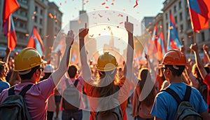 Construction Workers Raising Fists in Protest