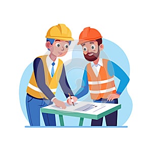 Construction workers review plans on the construction site together