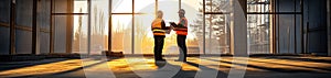 Construction Workers Reviewing Plans at Sunset  Building Site  Teamwork  Industrial