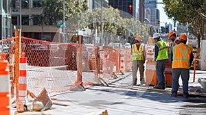 Construction Workers in Safety Vests Near a Construction Zone