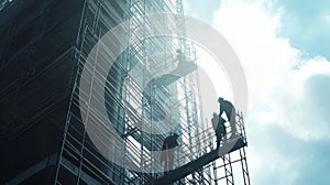 Construction Workers on Scaffolding Against a Cloudy Sky