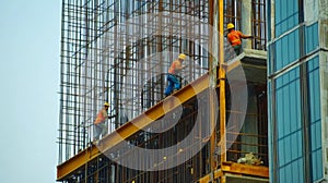 Construction Workers on Scaffolding Working on a High-Rise Building