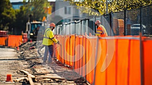 Construction Workers Setting Up Orange Safety Fence