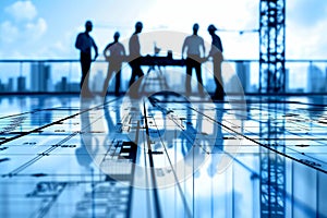 Construction workers in silhouette plan and strategize against a backdrop of city architecture