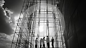 Construction Workers Silhouetted Against Scaffolding and Cloudy Sky