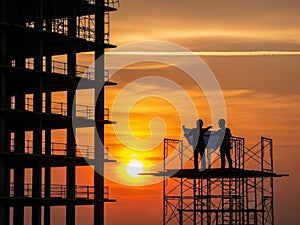 Construction workers silhouetted against sunset