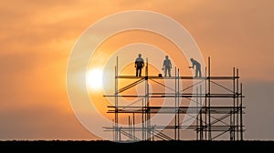 Silhouetted construction workers building on scaffolding at sunset, creating a dramatic and inspiring scene