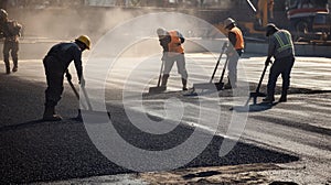 Construction Workers Spreading Asphalt with Shovels