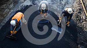 Construction Workers Spreading Asphalt With Shovels