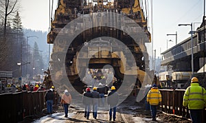 Construction Workers Standing in Front of Large Machine