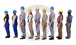 Construction workers standing in queue