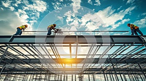 Construction Workers on a Steel Frame Building Against a Cloudy Sky