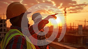 The Construction Workers at Sunset. AI generated