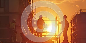 Construction workers at sunset background, Happy Labor Day - Ai Generated