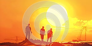 Construction workers at sunset background, Happy Labor Day - Ai Generated