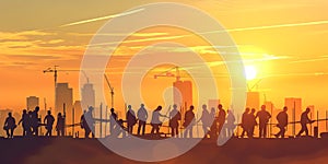 Construction workers at sunset background, Happy Labor Day - Ai Generated