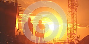 Construction workers at sunset background, Happy Labor Day - Ai Generated