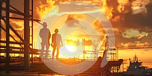 Construction workers at sunset background, Happy Labor Day - Ai Generated