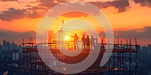 Construction workers at sunset background, Happy Labor Day - Ai Generated