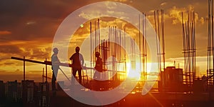 Construction workers at sunset background, Happy Labor Day - Ai Generated