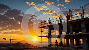 Construction Workers at Sunset on High-Rise Building Site