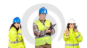 Construction workers talking with a walkie talkie