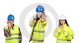 Construction workers talking with a walkie talkie