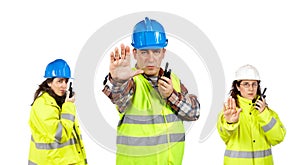 Construction workers talking with a walkie talkie