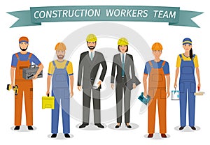 Construction workers team. Employment and labor day banner. Group of industrial people characters standing together.