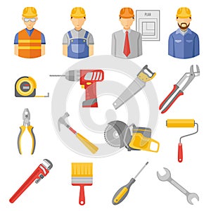 Construction workers tools flat icons set