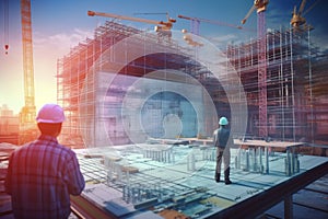 Construction workers using digital technology for building design and construction, AI Generative