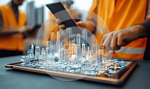 Construction workers using technology to plan building projects with digital models