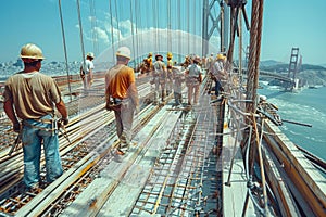 Construction Workers Walking on Steel Beam Above Golden Gate Bridge During 1930s Construction