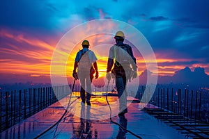 Construction workers walking on top of a building at sunset