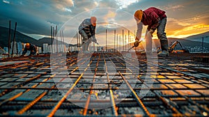 Construction Workers Welding Steel Reinforcements at Sunset. Generative ai
