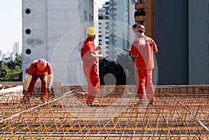 Construction Workers Work Among Rebar - Horizontal