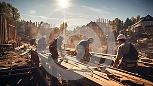 Construction workers working on a building site at sunset. Teamwork in progress. Generative AI.