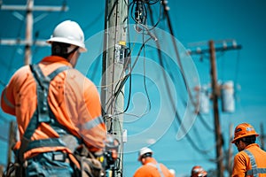 Construction workers in workwear and hard hats are repairing a power line