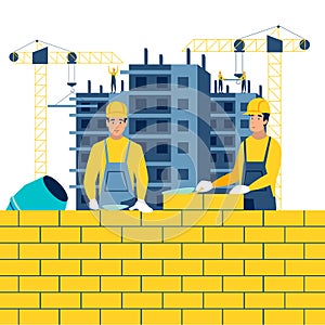 Construction, working environment. Builders at work. In minimalist style Cartoon flat raster