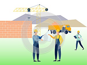 Construction, working environment. Builders at work. In minimalist style Cartoon flat raster