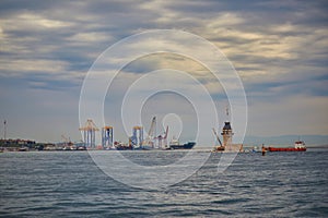 Construction works in Bosphorus strait near Maiden\'s tower in Istanbul, Turkey