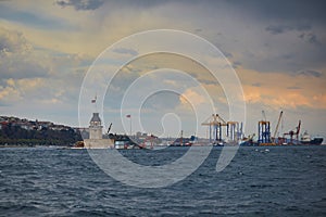 Construction works in Bosphorus strait near Maiden\'s tower in Istanbul, Turkey