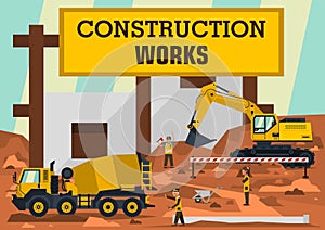 Construction works. A group of engineers, workers construct the building. Special and heavy machinery. Concrete mixer