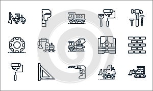 constructions line icons. linear set. quality vector line set such as bulldozer, drill, roll, tractor, ruler, wheels, lifejacket,