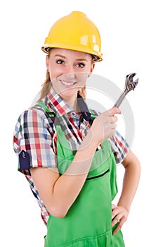 Constructon worker female with wrench isolated