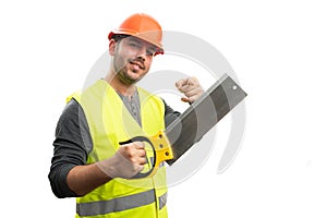 Constructor with friendly expression pointing at saw